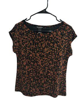 Alexandra Bartlett Red Black Floral Cap-Sleeve Top Size M Retro Floralcore